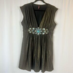 Y2K  Babydoll Empire Waist Tunic Jeweled Buckled Sleeveless sparkly Top size:L